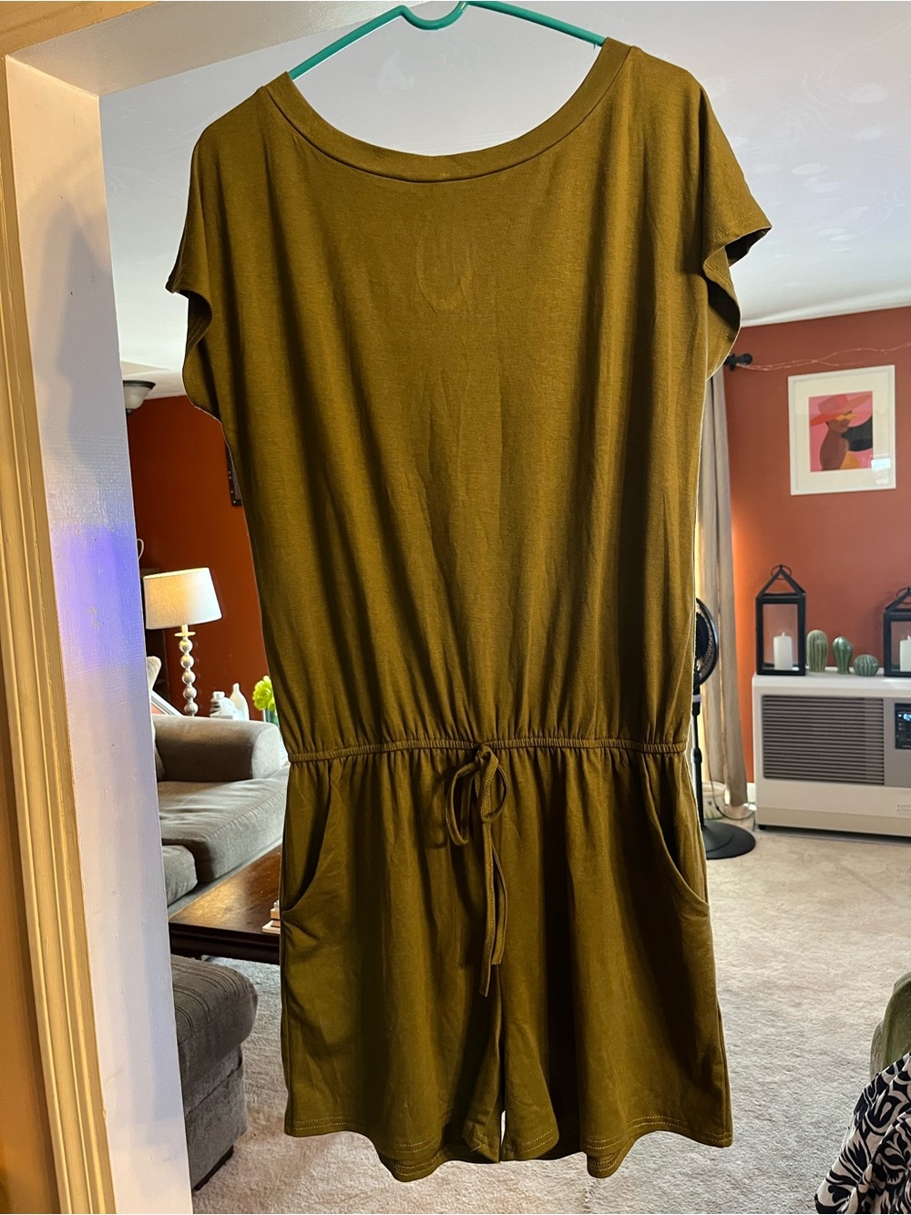 Casual Olive Green Short-Sleeve Drawstring shorts jumpsuit